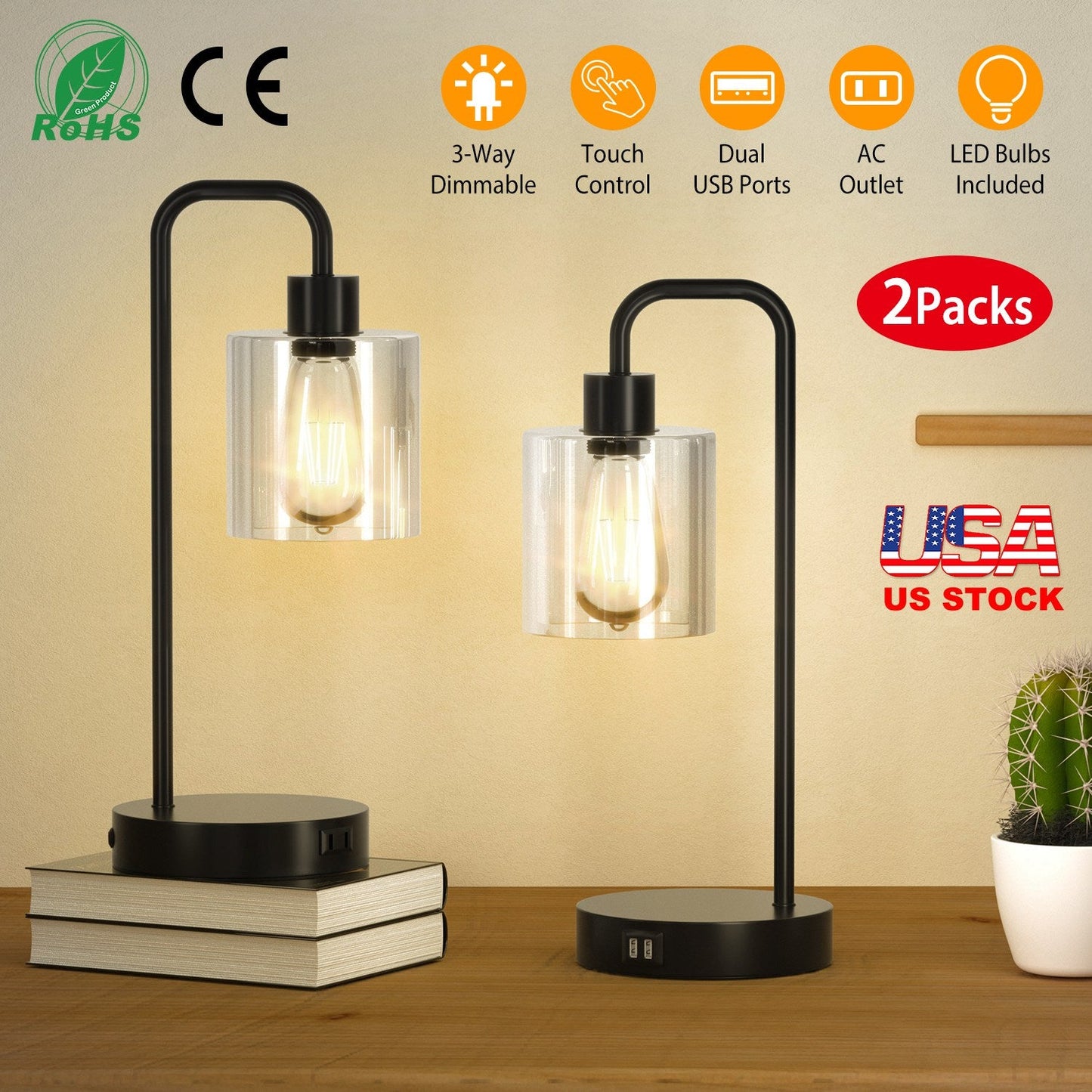 2-Pack Touch Control Table Lamp with USB Ports and Glass Shade