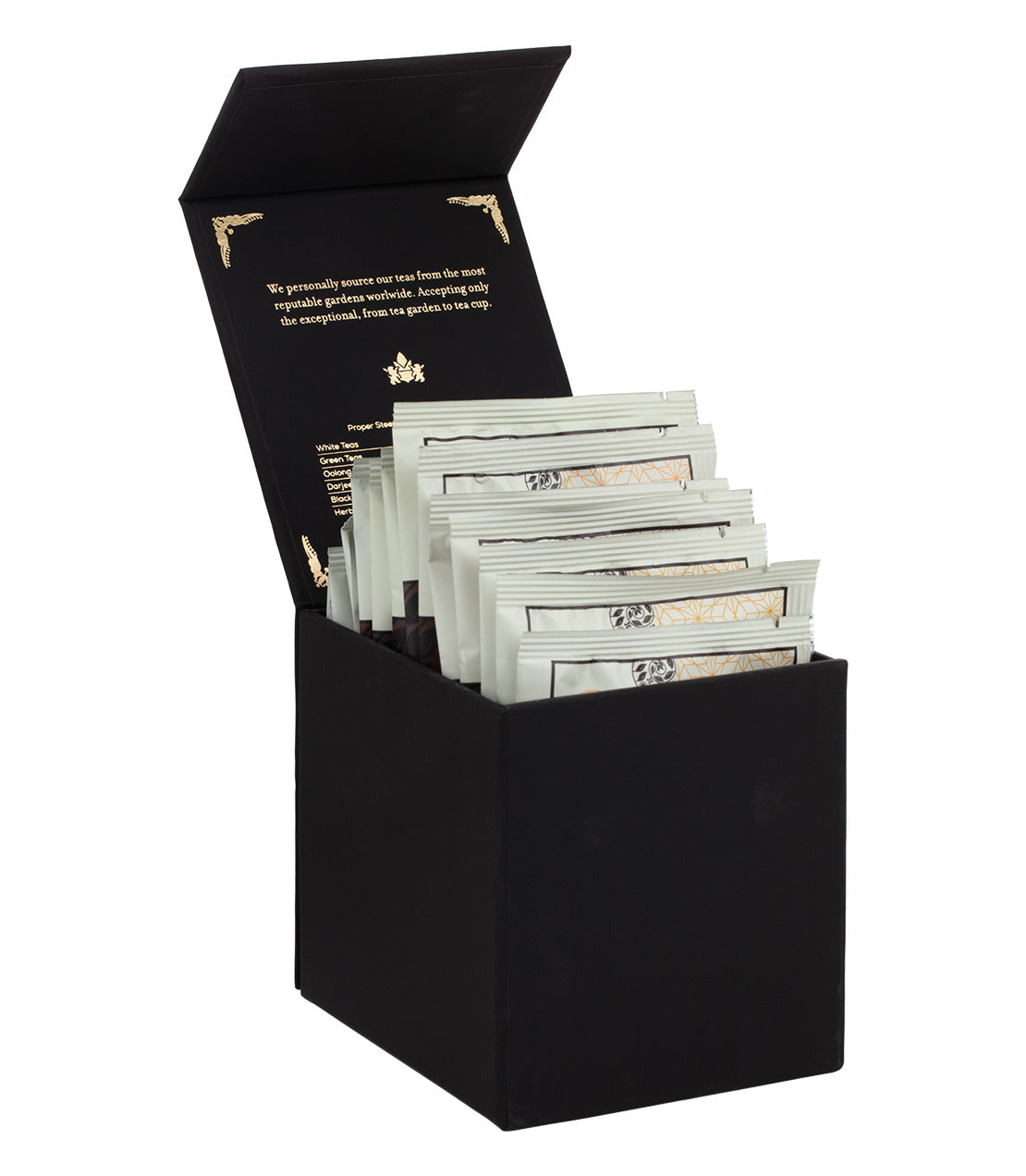 Échantillon de sachets de thé Harney Heritage Herbal & Decaf en boîte noire