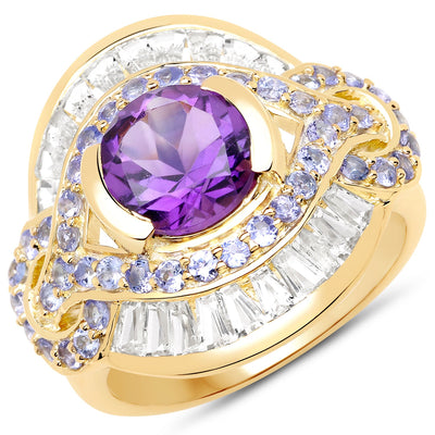 Bague Cocktail en Or Jaune 14K Plaqué Améthyste et Tanzanite