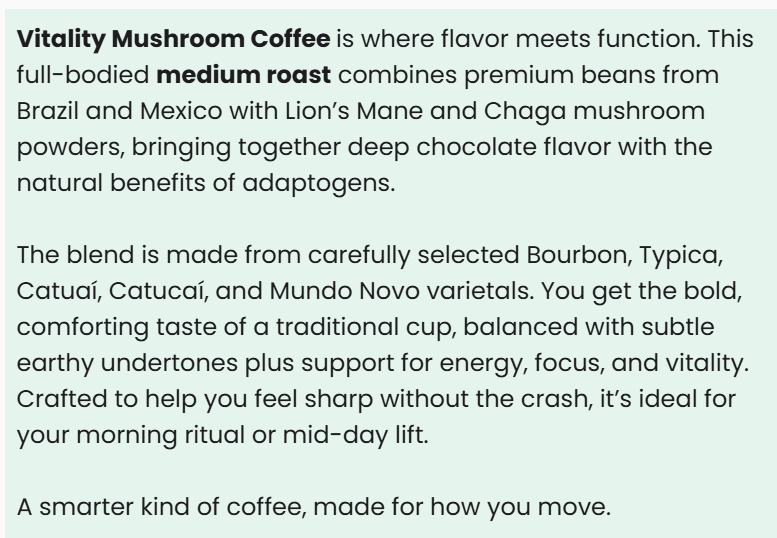 Vitality Mushroom Coffee - Medium Roast Blend