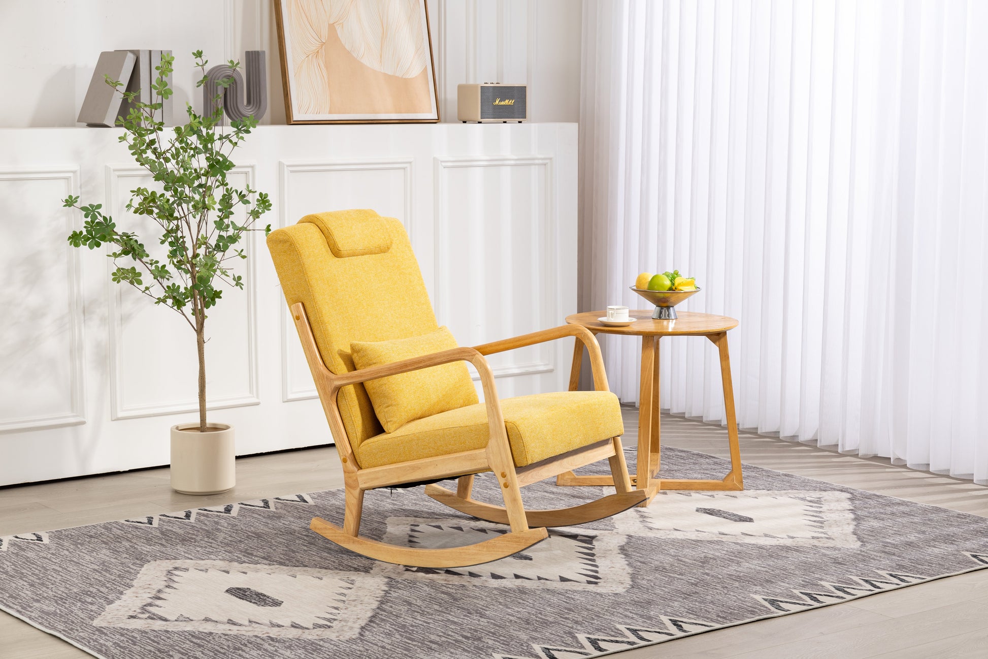 Rocking Chair Upholstered Fabric Rocking Armchair Indoor with High Backrest Glider Chairs and Lumbar Pillow for Living Room - Korvel