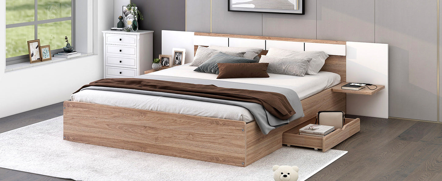 Queen Size Platform Bed with Headboard and Storage, Natural