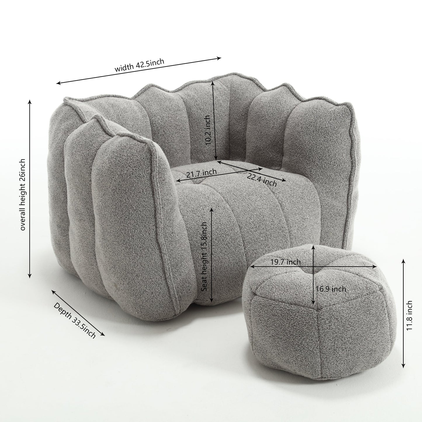Soft Bean Bag Chair with High Resilient Foam(Chips)for living room and bedroom,Comfortable Square Lazy Sofa with Footstool - Korvel