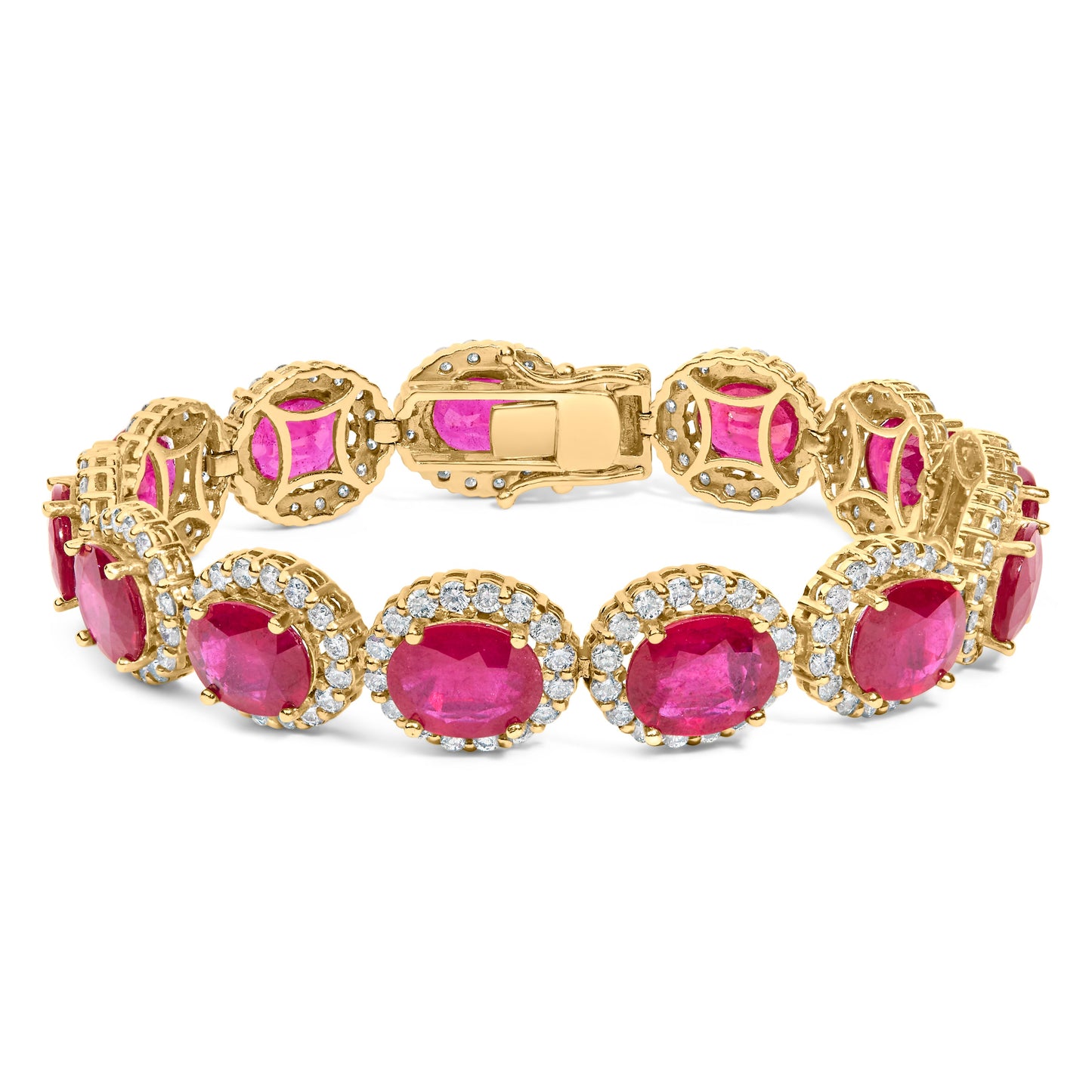 Bracelet en or jaune 14K avec diamants et rubis en halo - 7,25 pouces