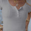 Ribbed Button Detail Round Neck Short Sleeve T-Shirt