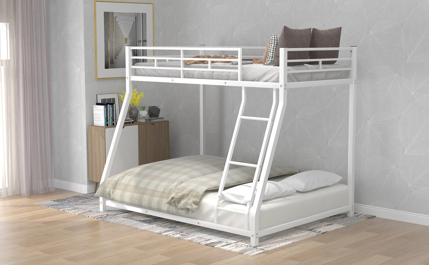 Premium Metal Floor Bunk Bed - Twin over Full in White
