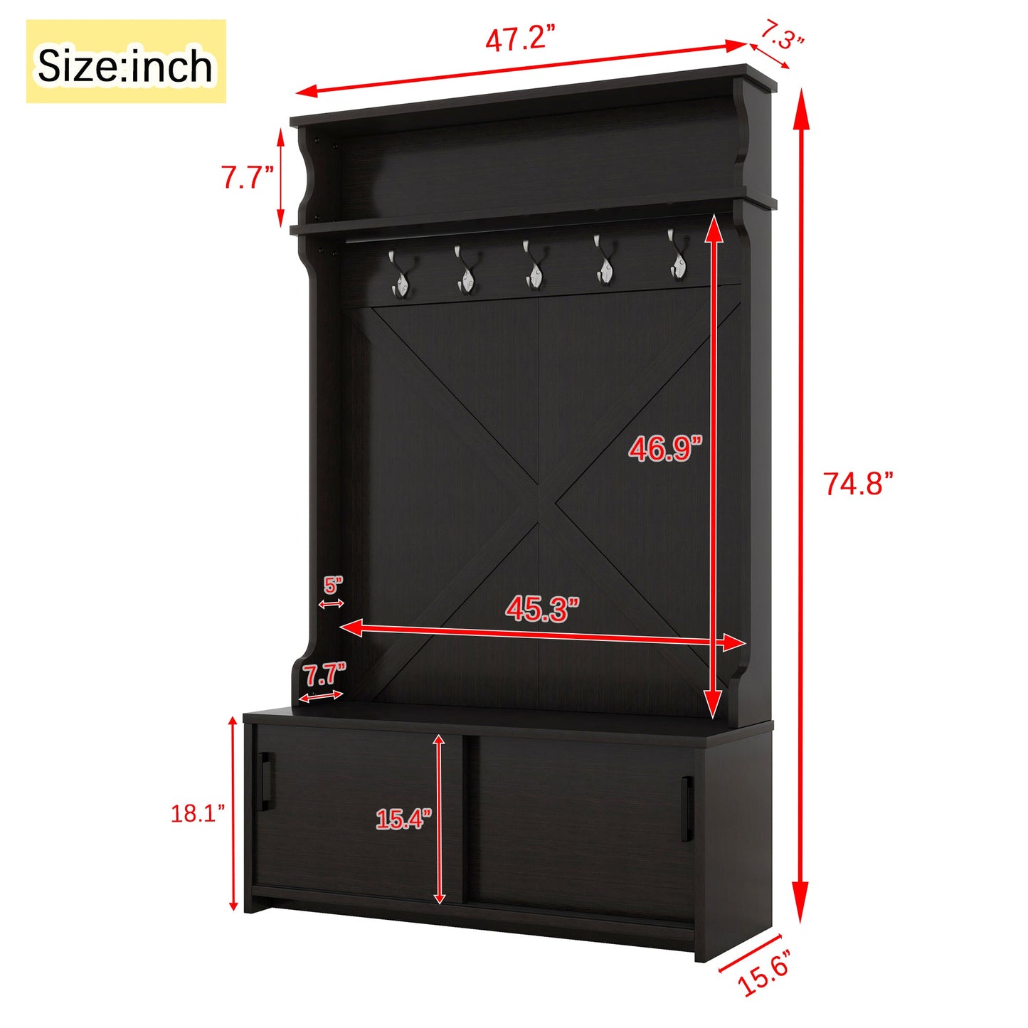 Hall tree with roof rack and storage platform, corridor shoe cabinet with sliding door, clothes hanger with 5 hooks black - Korvel