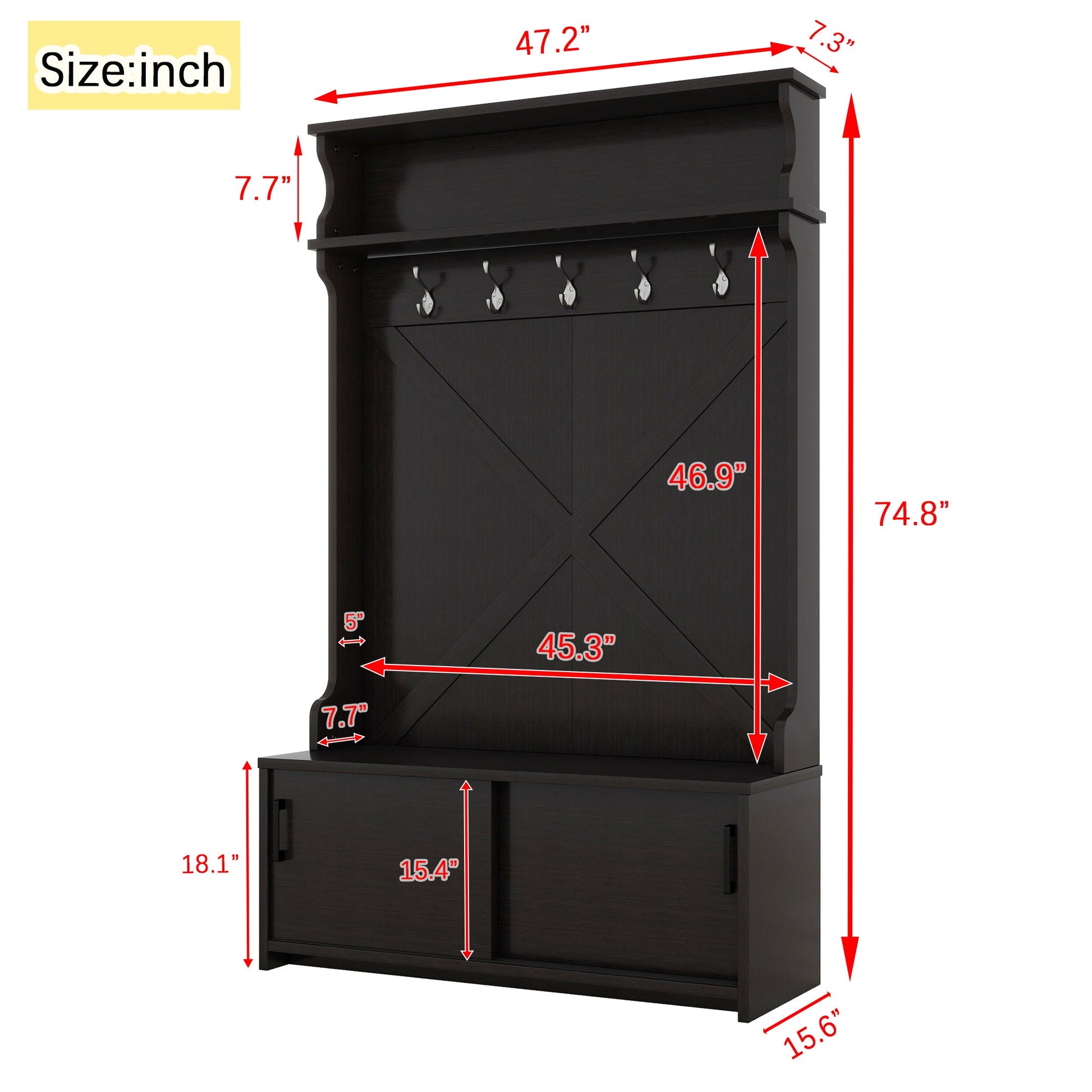 Hall tree with roof rack and storage platform, corridor shoe cabinet with sliding door, clothes hanger with 5 hooks black - Korvel