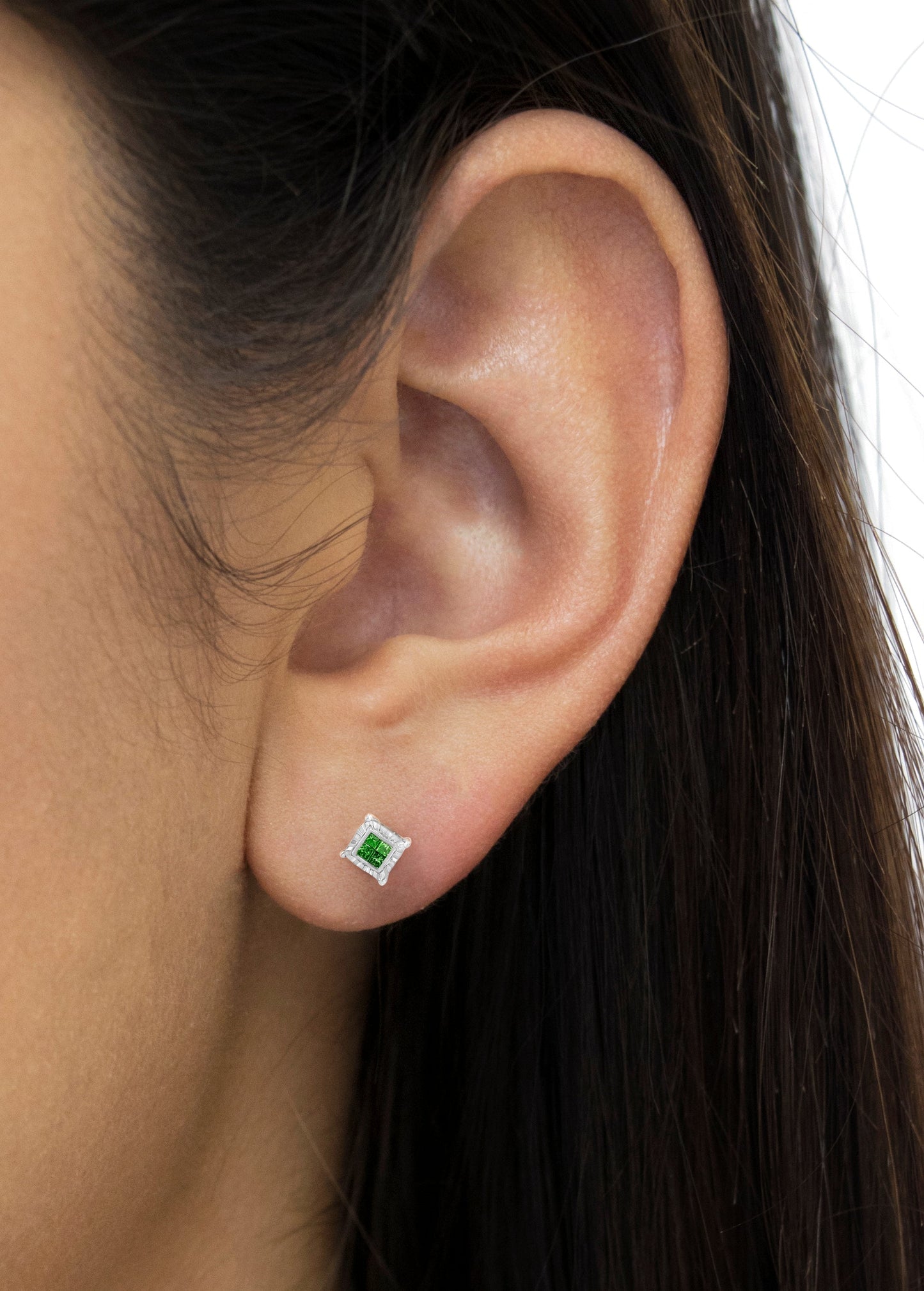 Sterling Silver Green Princess Diamond Quad Stud Earrings