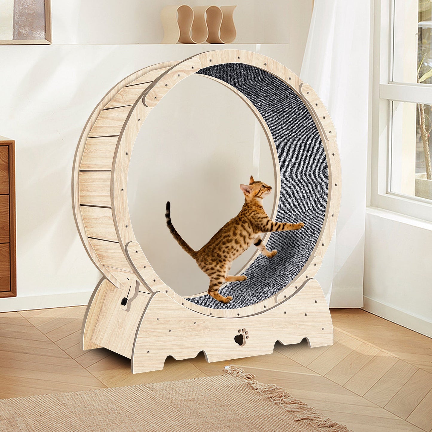 Cat Exercise Wheel for Indoor Cats, Cat Running Wheel with Carpeted Runway 37" Natural Wood Color - Korvel