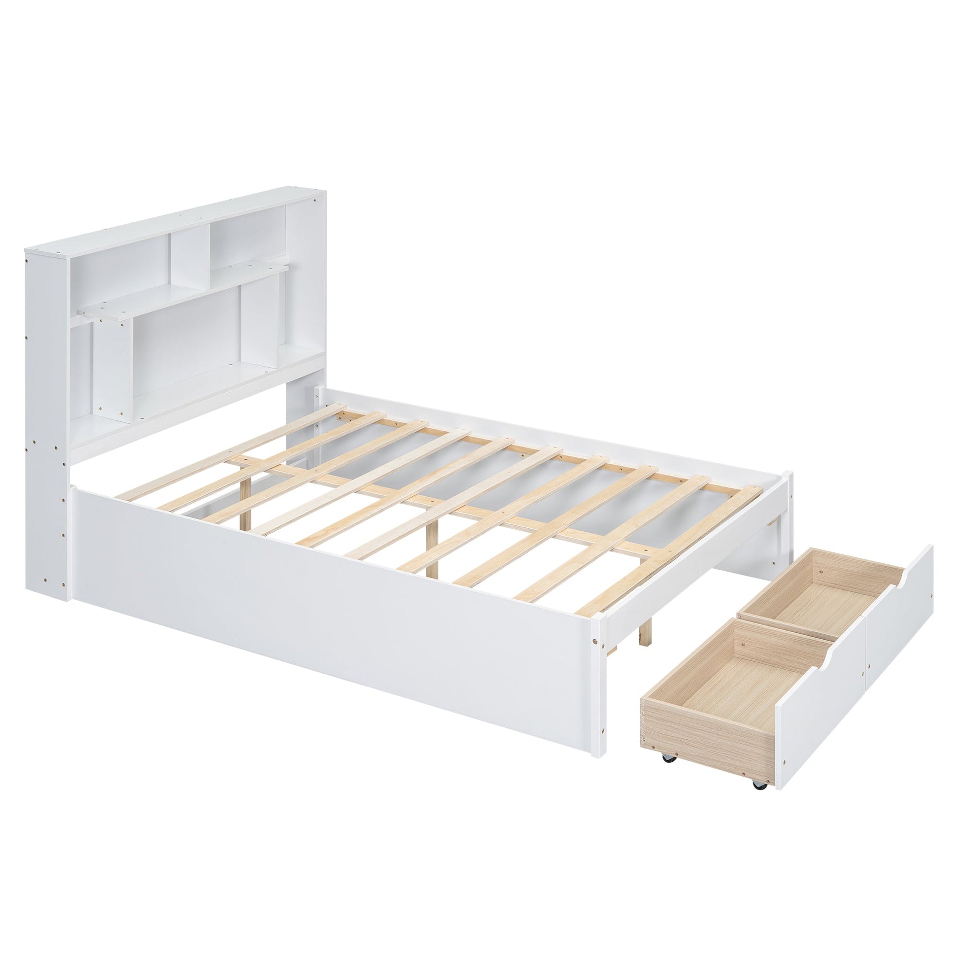 Full Size Platform Bed with Storage Headboard and 2 Drawers, White - Korvel