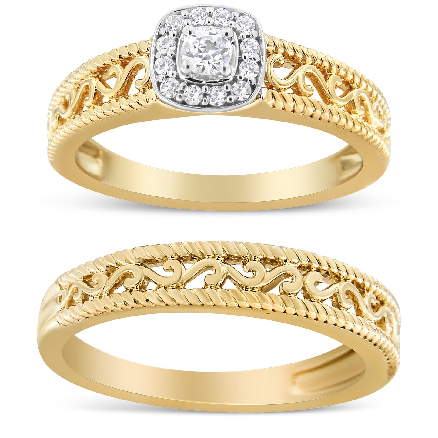 Ensemble de Bagues de Fiançailles en Argent Sterling Plaqué Or Jaune 14K avec Halo de Diamants - Tai