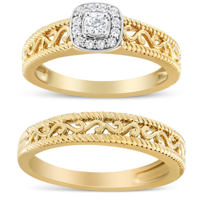 Juego de Anillo de Compromiso con Halo de Diamantes en Plata de Ley Baño de Oro de 14K - Talla 7