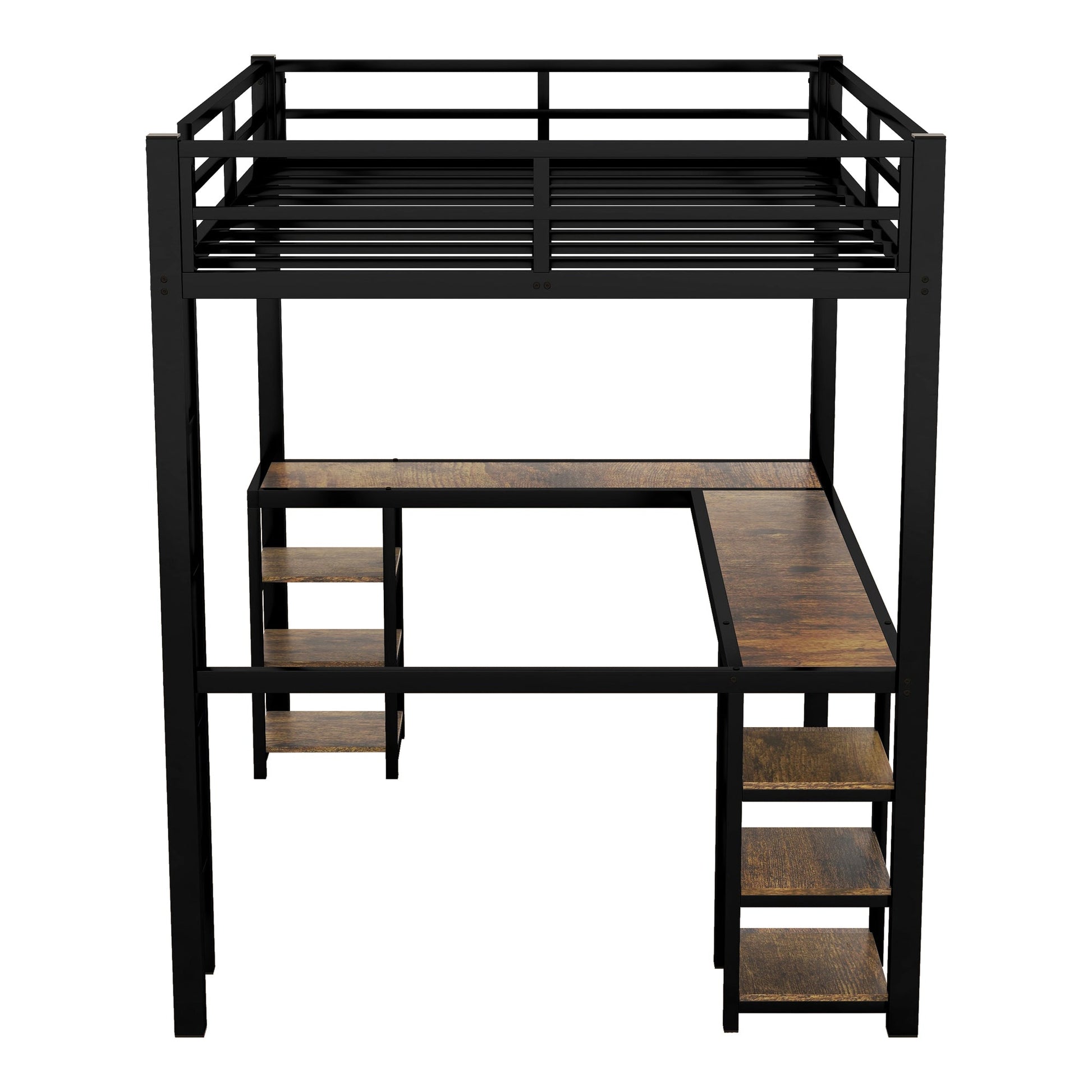 Full Metal Loft Bed with Desk and Shelves, Loft Bed with Ladder and Guardrails, Loft Bed Frame for Bedroom, Black - Korvel
