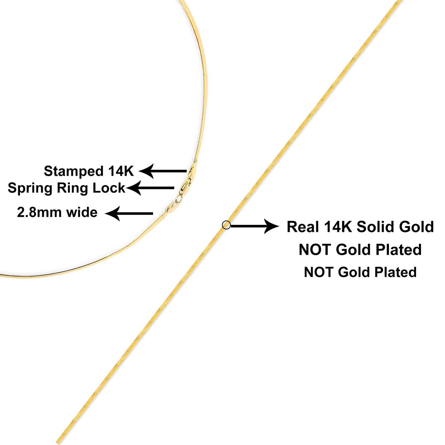 Unisex Solid 14K Yellow Gold Herringbone Chain Necklace - 18"