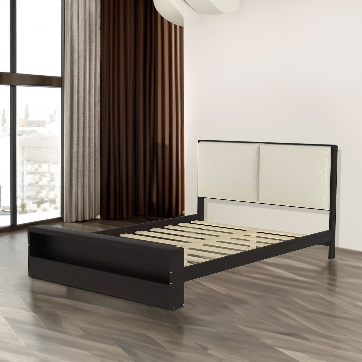 Queen Size Platform Bed Frame with Upholstery Headboard and Bookshelf in Footboard and LED Light Strips, Espresso - Korvel