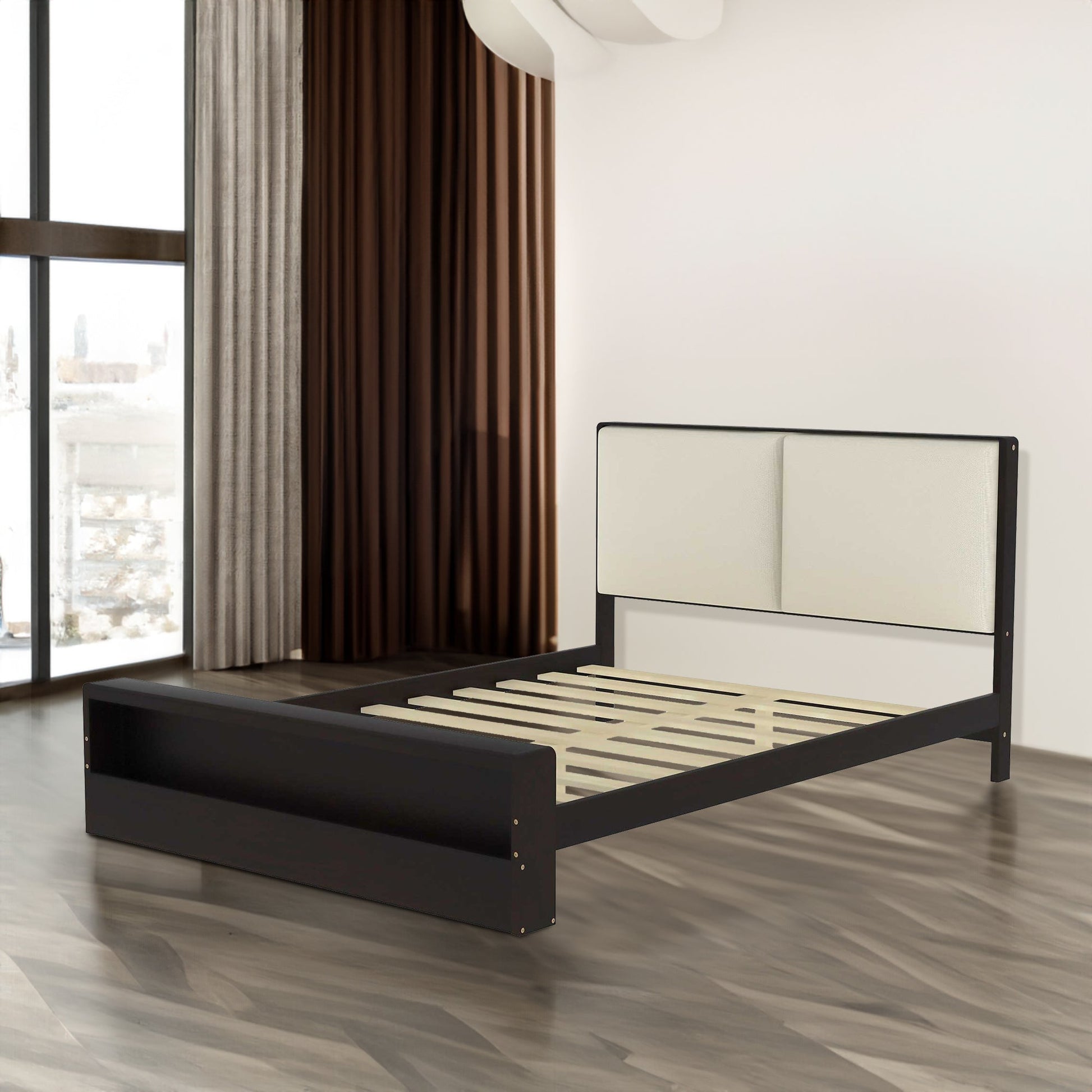 Queen Size Platform Bed Frame with Upholstery Headboard and Bookshelf in Footboard and LED Light Strips, Espresso - Korvel