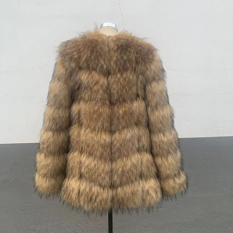 Women's Faux Raccoon Patchwork Synthetic Fur Overcoat