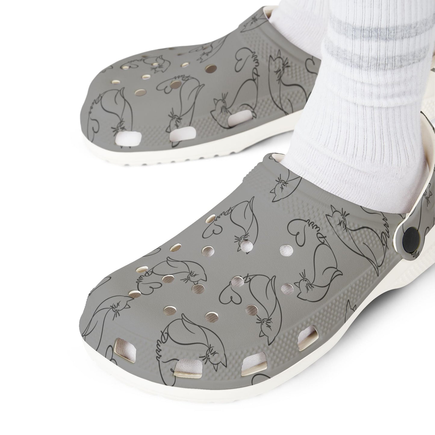 Minimalist Cat Line Art EVA Clogs – Grey Slip-Ons