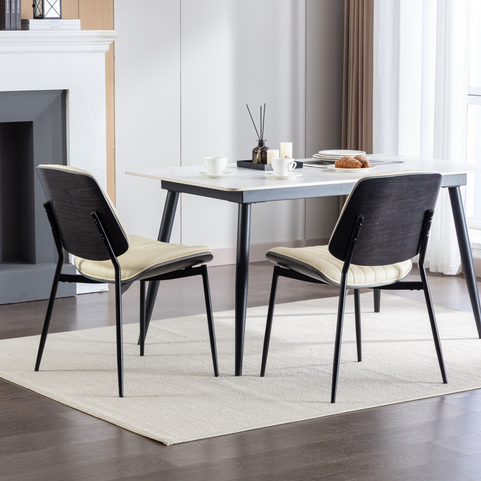 2-piece retro linen chair set with curved wooden backrest, cushioned seat, adjustable metal legs, (Beige PU) - Korvel