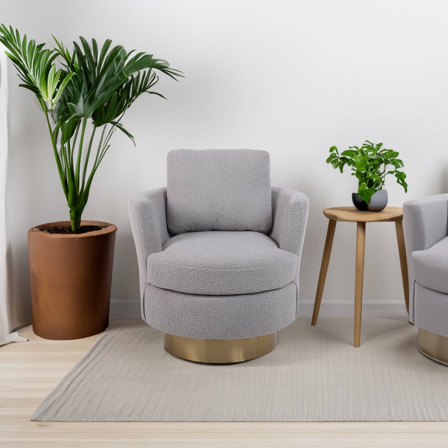 Teddy Rotating Bucket Chair Rotating Emphasis Chair Living Room Armchair Gold Stainless Steel Base Round Bucket Chair (Gray) - Korvel