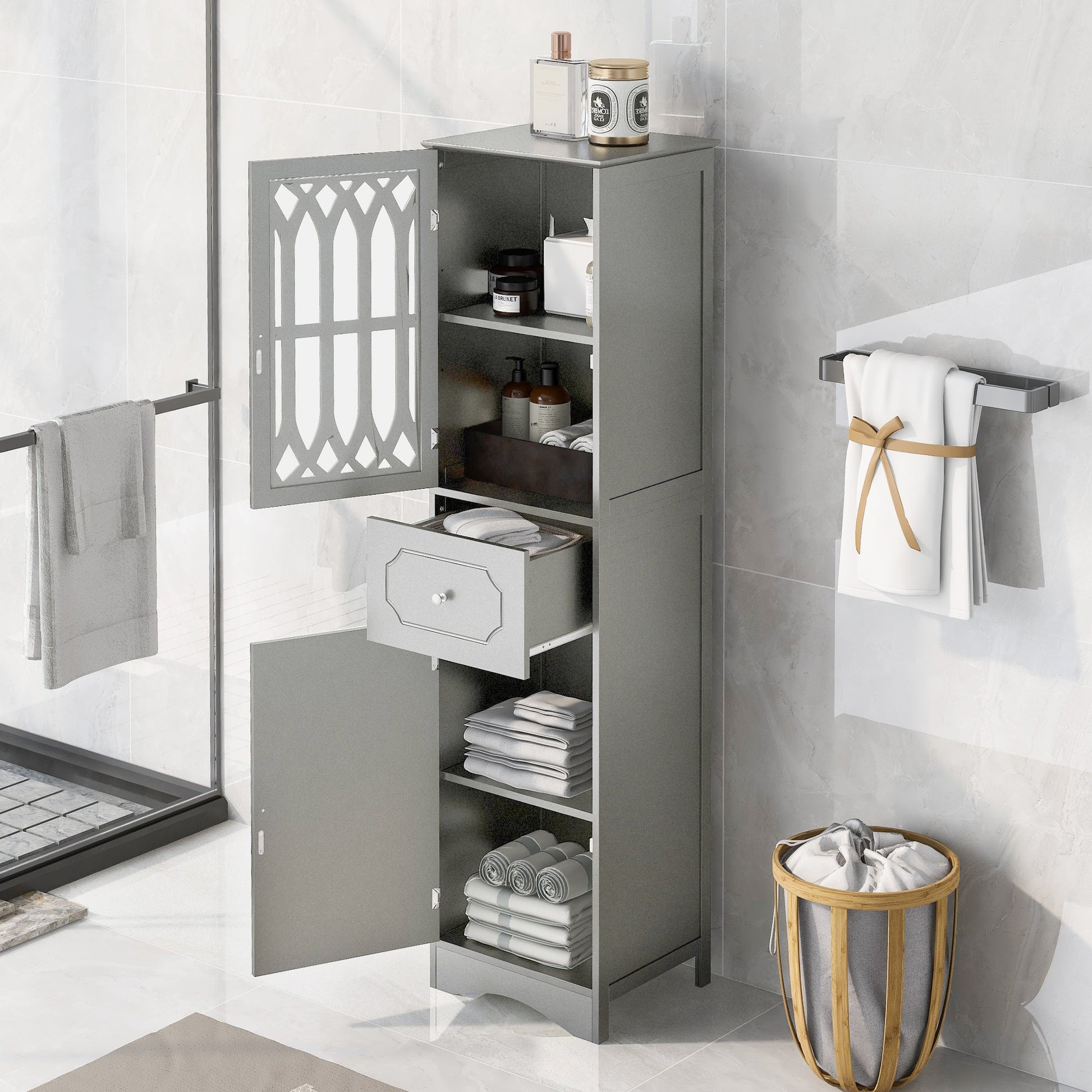 Tall Bathroom Cabinet, Freestanding Storage Cabinet with Drawer and Doors, MDF Board, Acrylic Door, Adjustable Shelf, Grey - Korvel