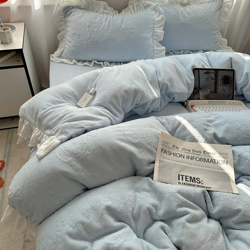 A-class ins princess style milk velvet four piece set lace carved velvet warm duvet cover winter bedding - Korvel