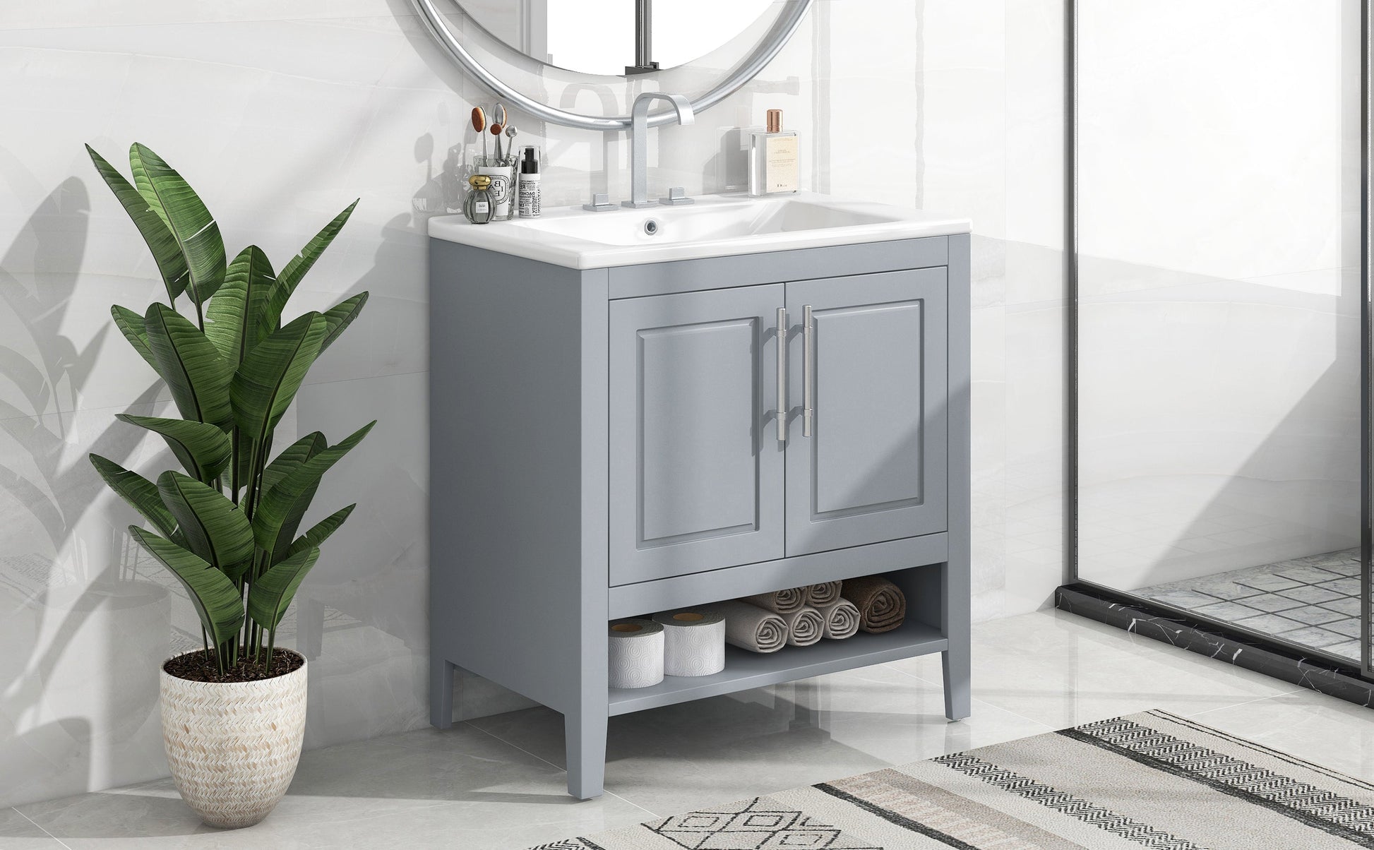 30" Bathroom Vanity with Sink, Multi-functional Bathroom Cabinet with Doors and Drawers, Solid Frame and MDF Board, Grey - Korvel