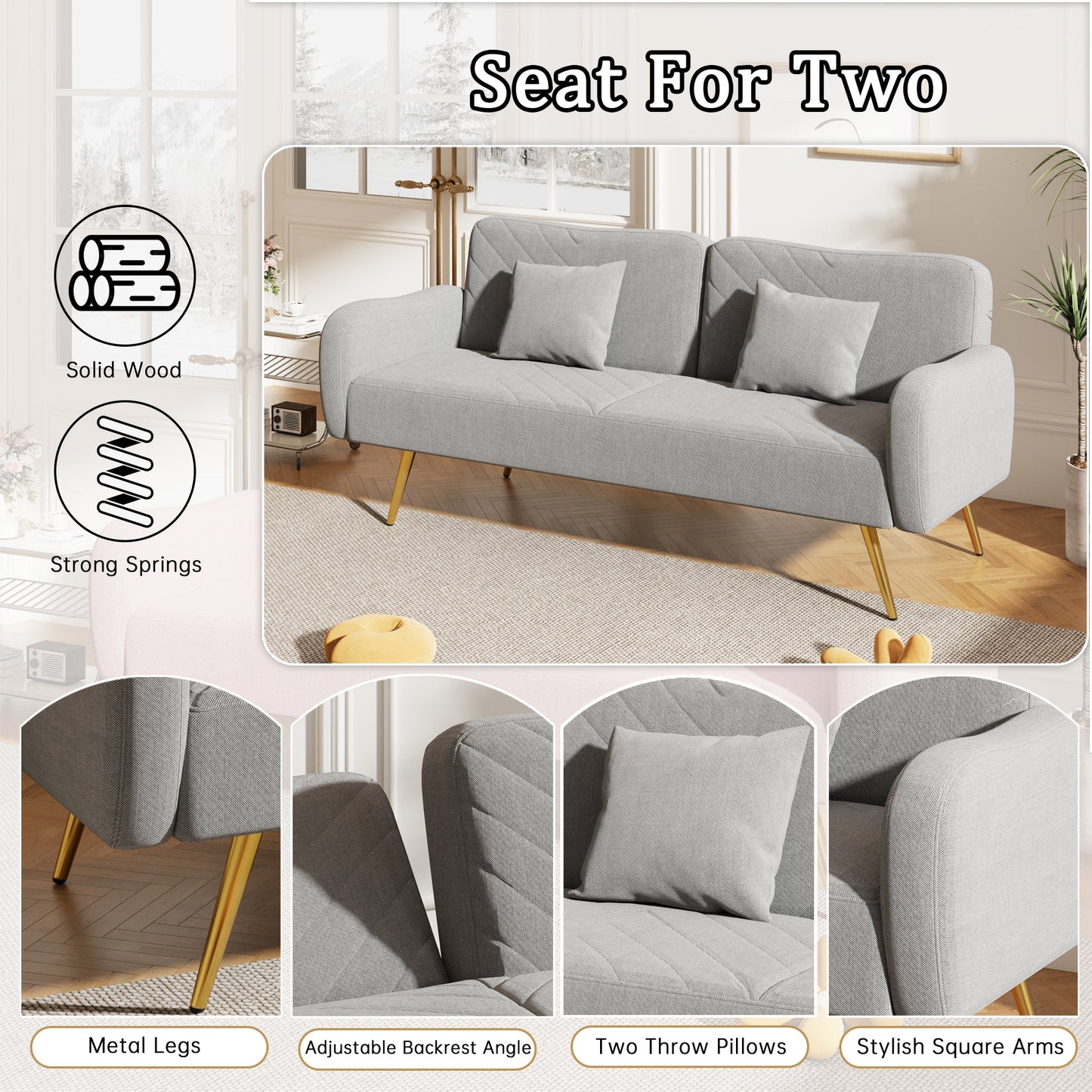 70.47" Gray Fabric Double Sofa with Split Backrest and Two Throw Pillows - Korvel