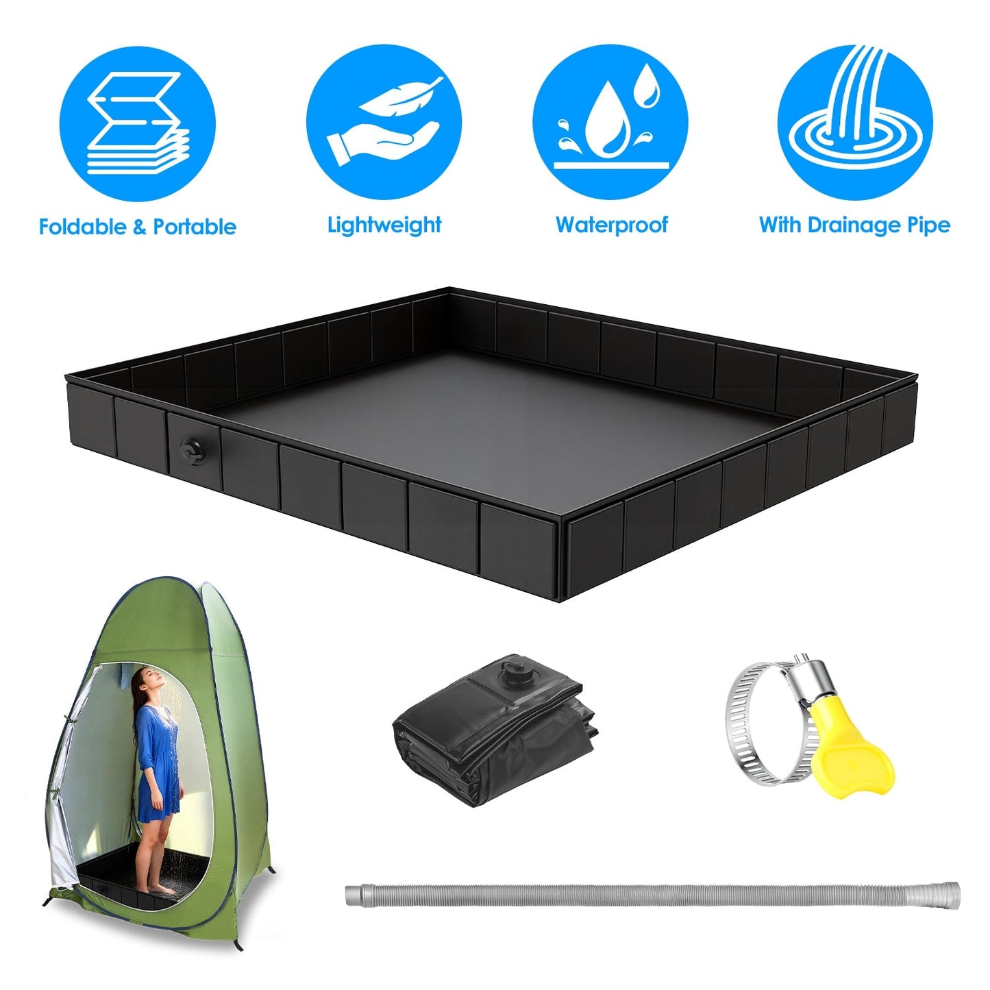 Portable Shower Pan - 41x41in Collapsible Basin for Outdoor Use
