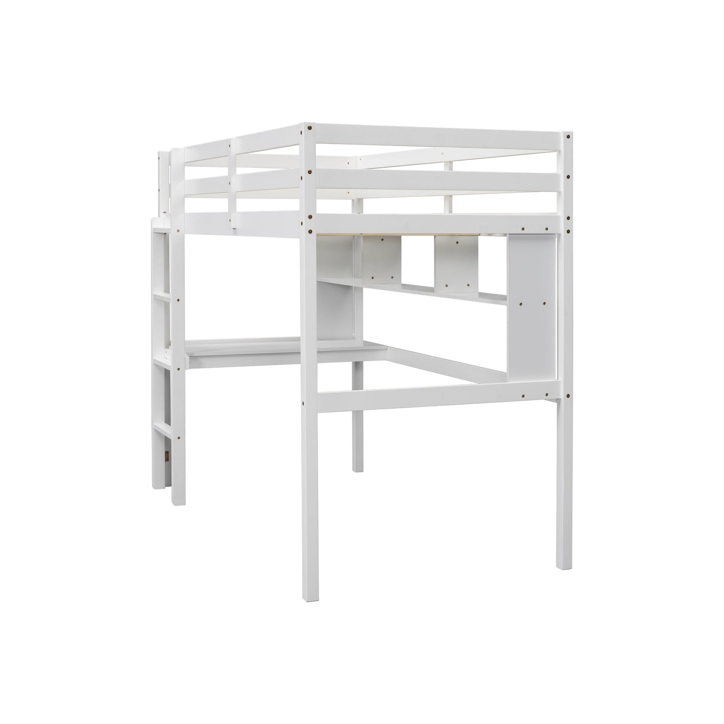 Twin Loft Bed with built-in desk and bookcase of three compartments, Guardrails and Ladder,White - Korvel
