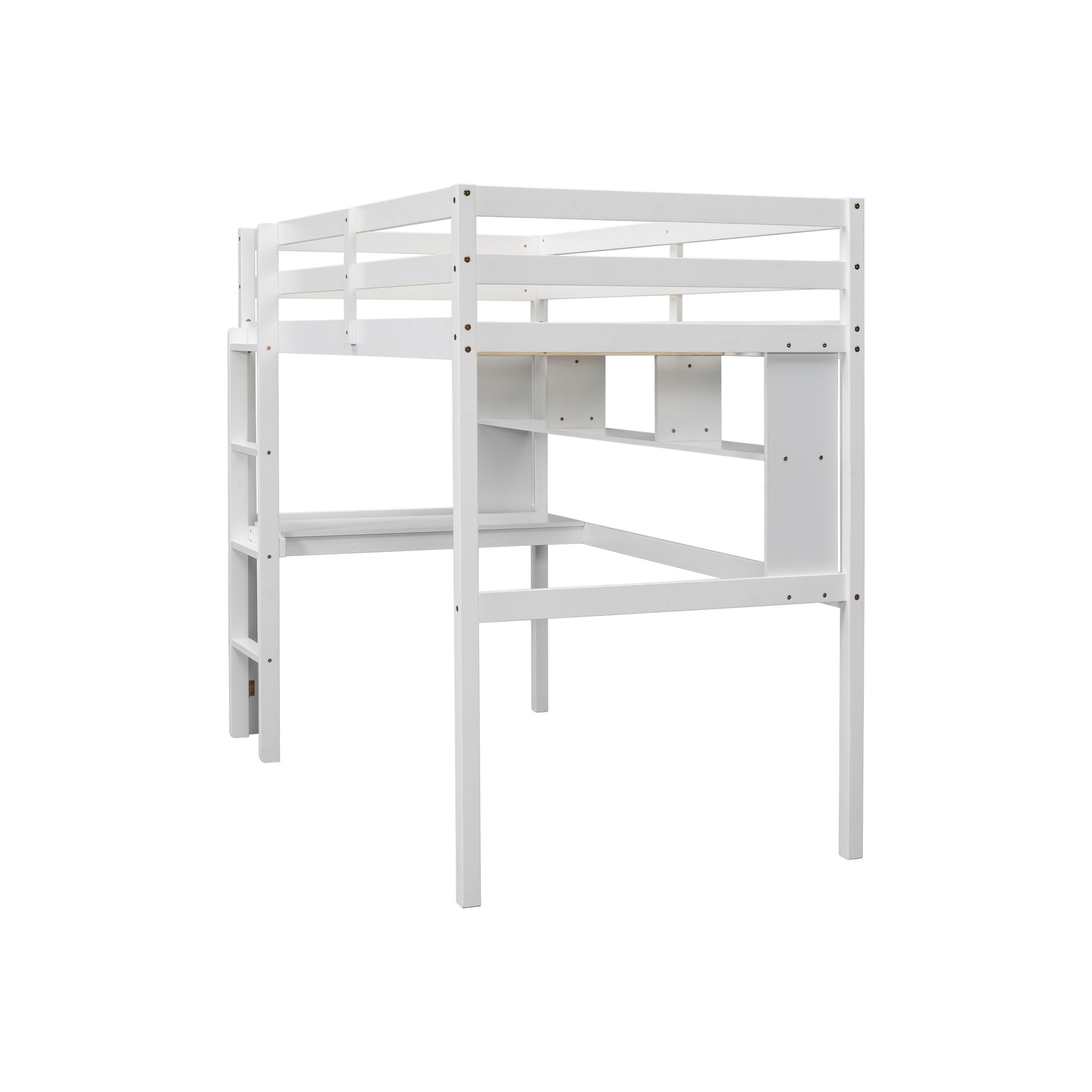 Twin Loft Bed with built-in desk and bookcase of three compartments, Guardrails and Ladder,White - Korvel