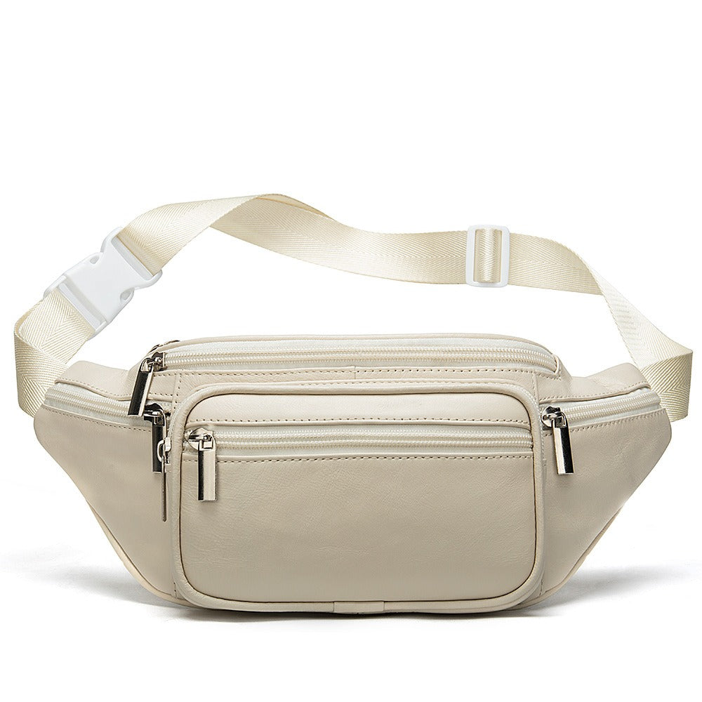 Men's sheepskin waist bag outdoor black mobile phone sheepskin bag leisure sports crossbody chest bag - Korvel