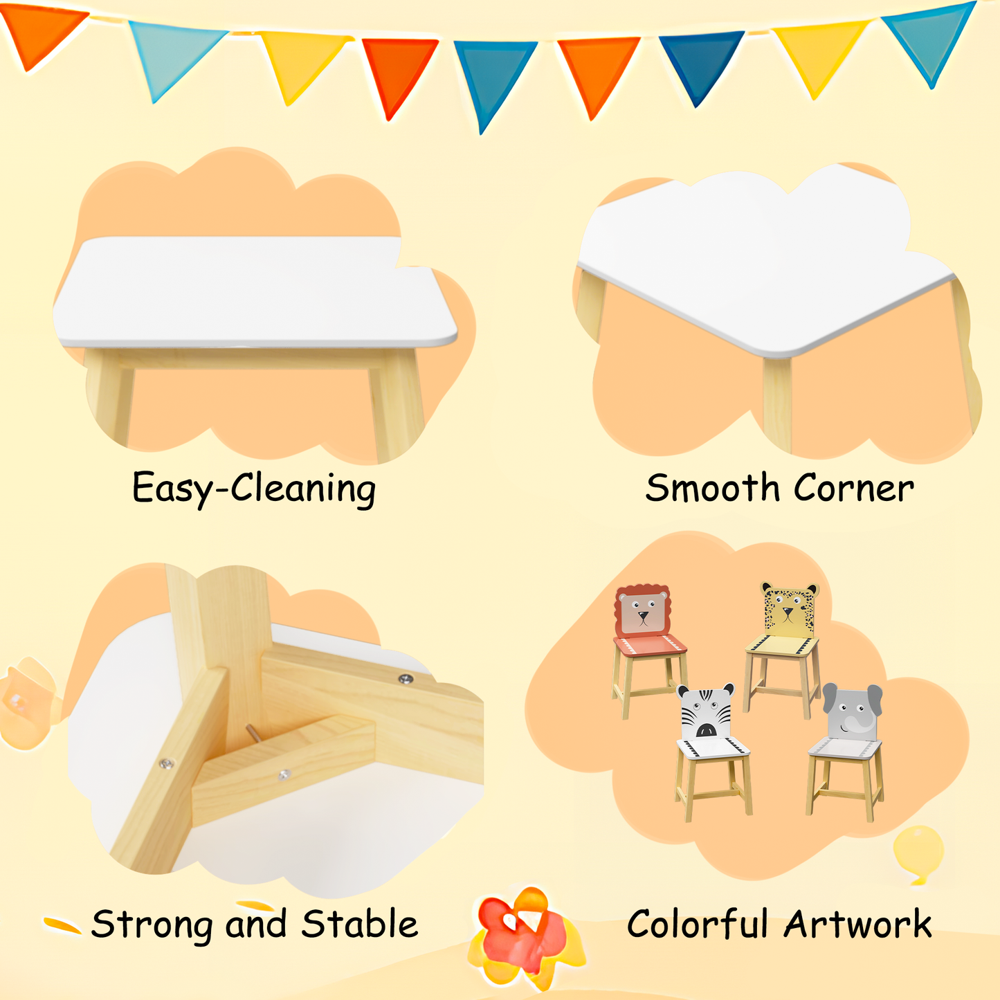 Juego de Mesa y Sillas para Niños de 5 Piezas - Mesa de Madera para Niños con 4 Sillas de Dibujos An