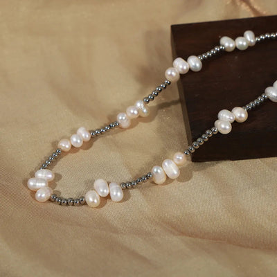 Freshwater Pearl Titanium Steel Bead Necklace - Korvel