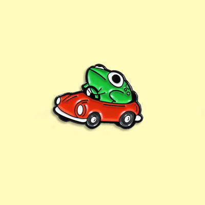 Frog Driver Enamel Pin - Fun Red Car Brooch
