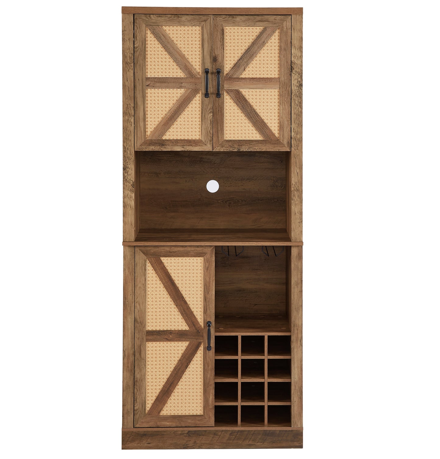 76-Inch Rustic Oak Farmhouse Wine Cabinet with Faux Rattan