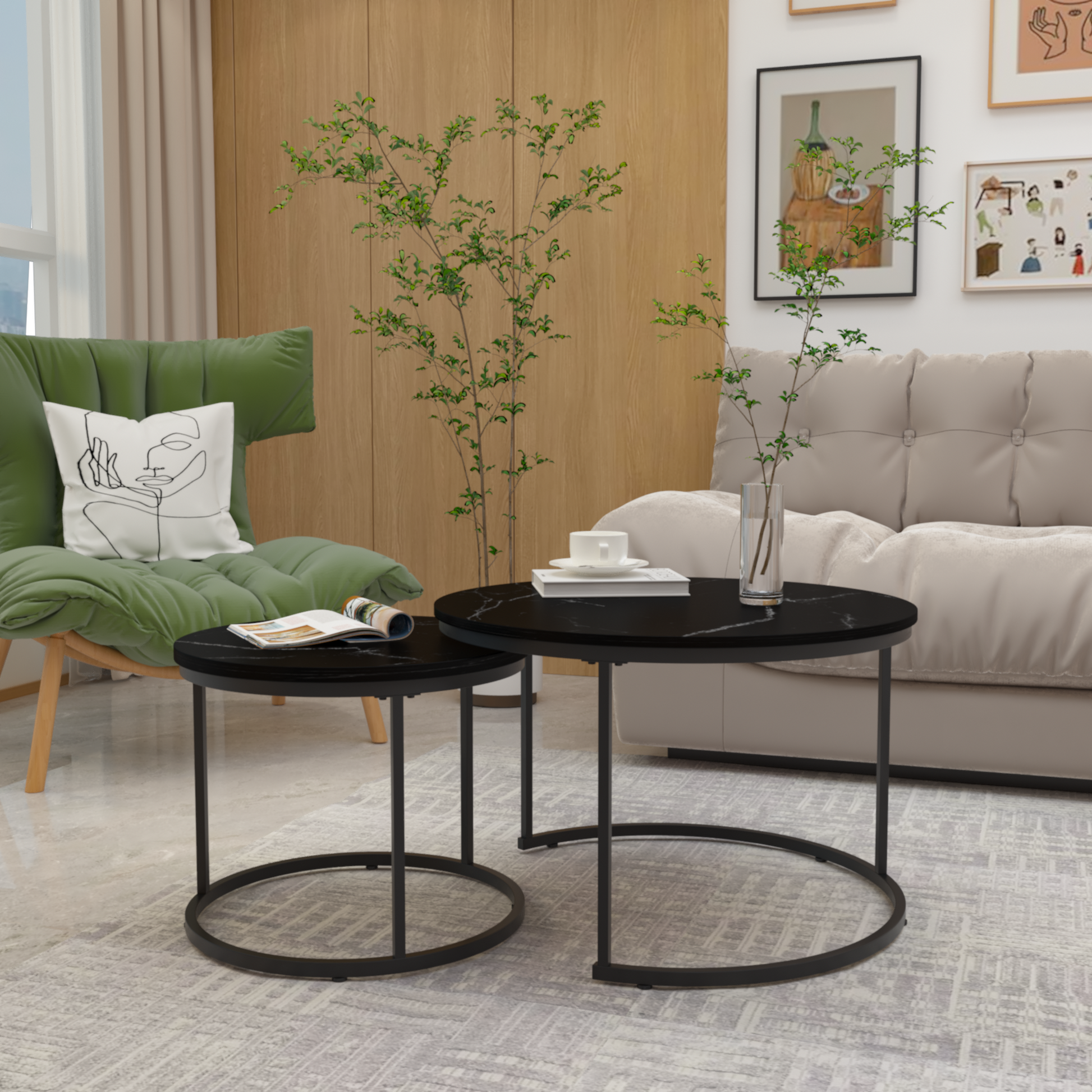 A set of nested coffee tables, 27.6-inch round coffee table, wooden marble patterned tabletop, sturdy metal frame (black) - Korvel