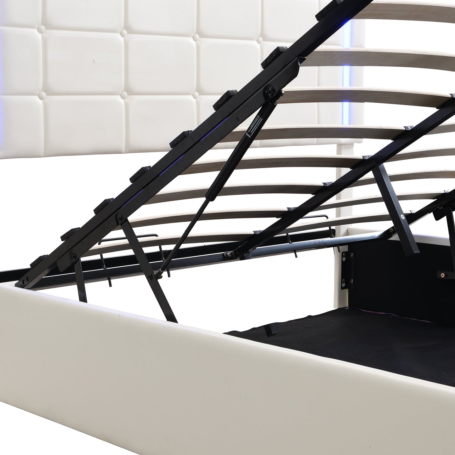 Queen Size Upholstered Bed with LED Lights Hydraulic Storage System and USB Charging Station White - Korvel