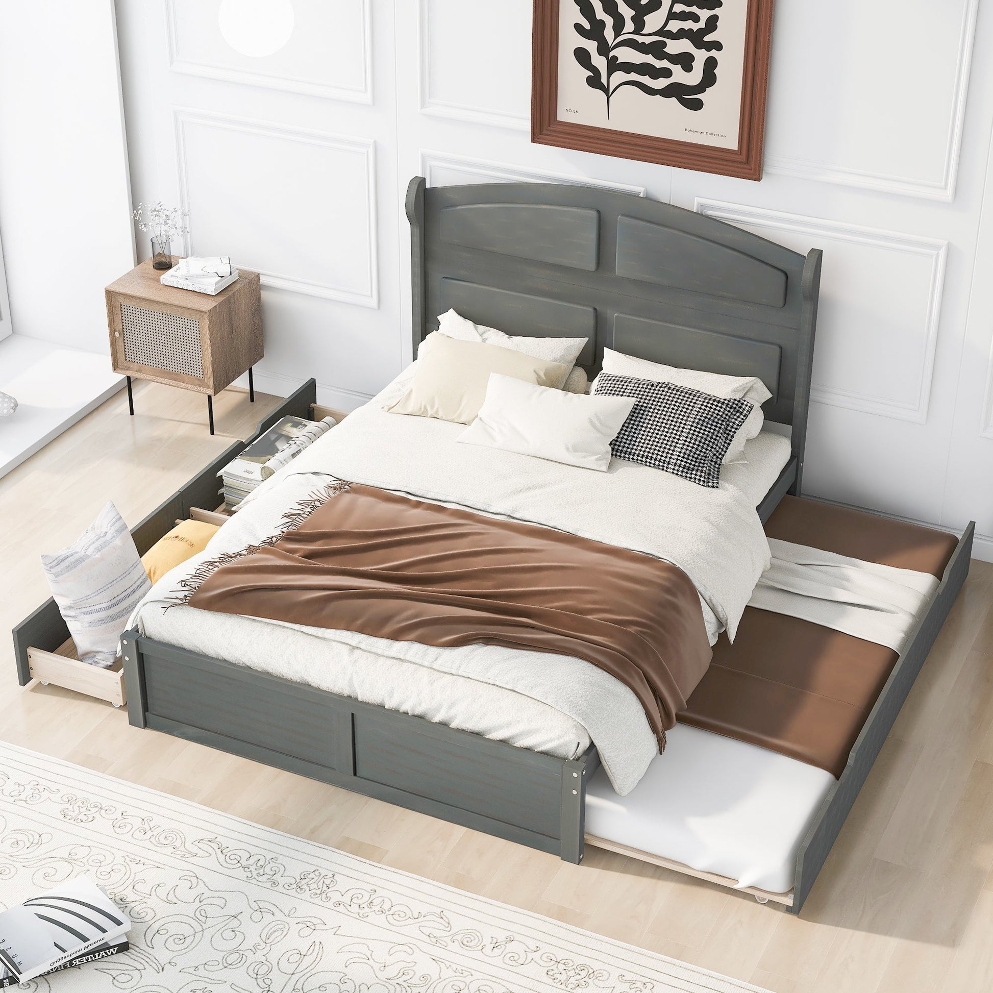 Wood Queen Size Platform Bed with Twin Size Trundle and 2 Drawers  Antique Gray - Korvel