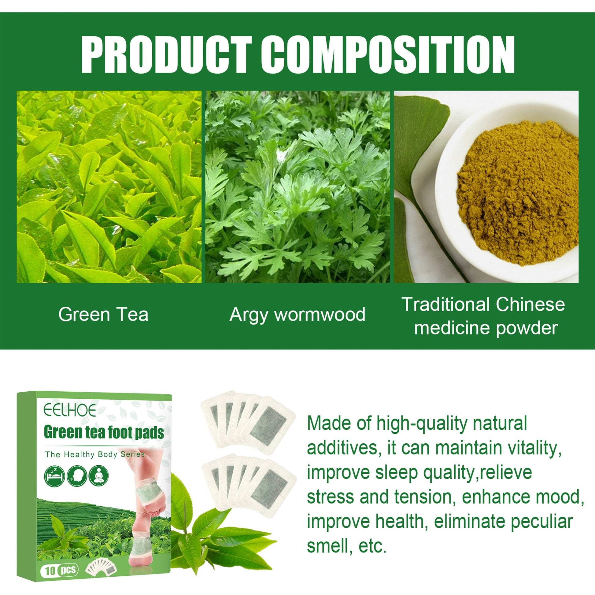 Green Tea Foot Patch, Improves Sleep Quality And Relieves Muscle Tension And Body Stress Foot Care Patch - Korvel