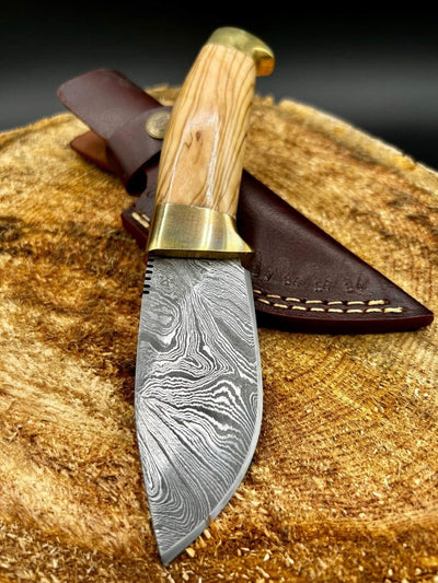 Premium 8-Inch Damascus Steel Skinning Knife with Olivewood Handle - Olivecrest Collection - Korvel