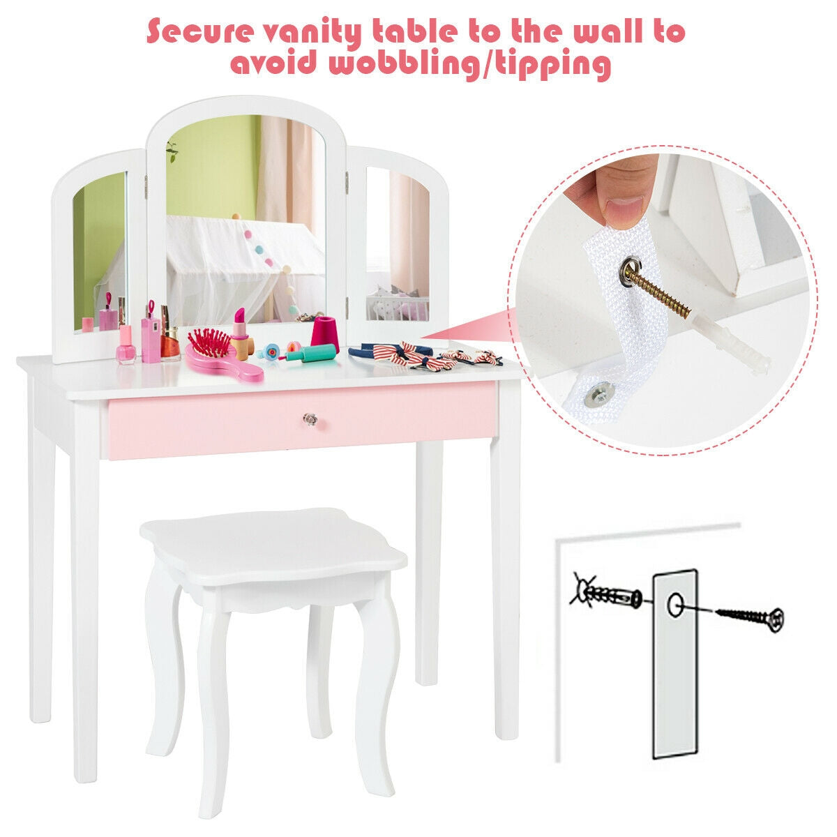 Kids Princess Makeup Dressing Table with Tri-Folding Mirror - White