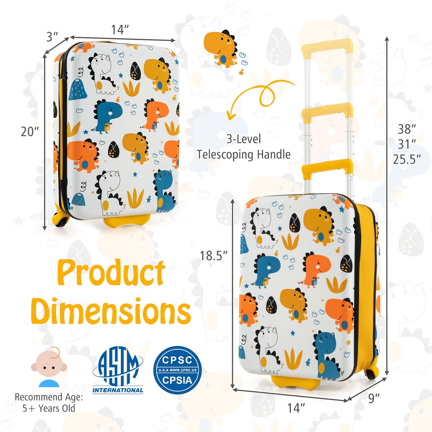 20 Inch Kids Rolling Luggage - Foldable Hardshell Suitcase - Yellow