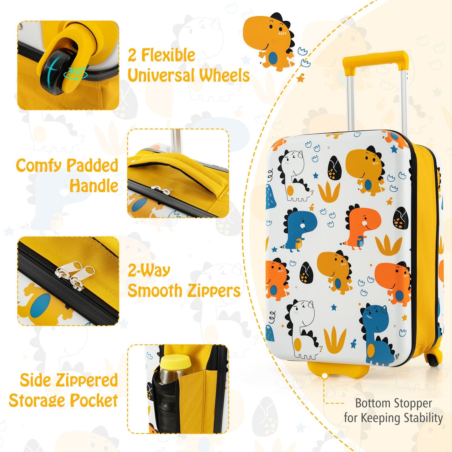 20 Inch Kids Rolling Luggage - Foldable Hardshell Suitcase - Yellow