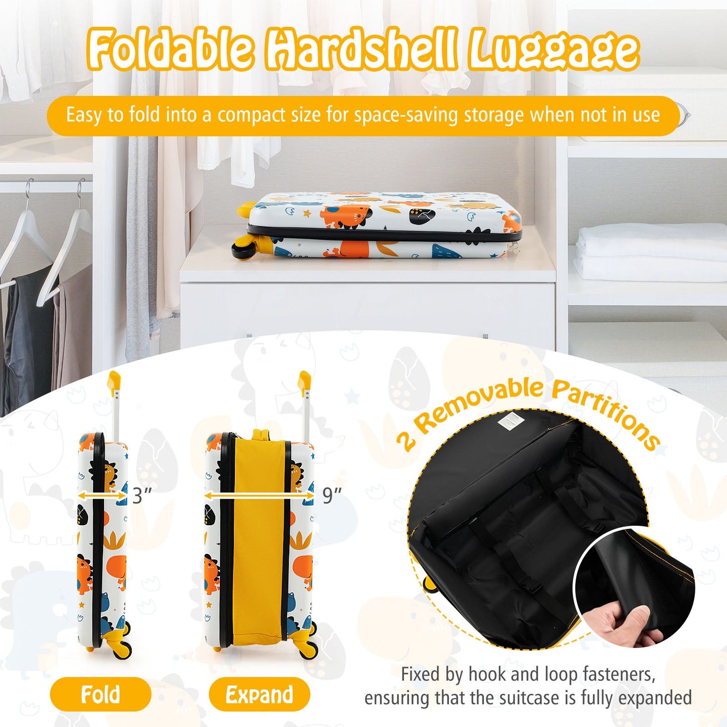 20 Inch Kids Rolling Luggage - Foldable Hardshell Suitcase - Yellow
