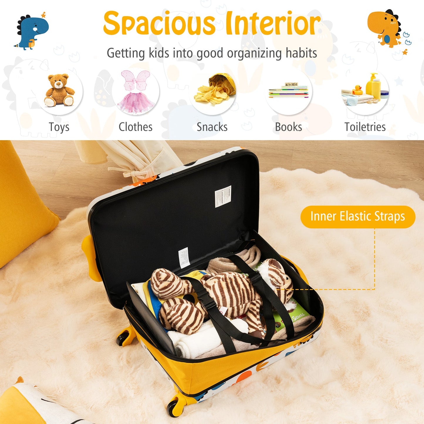 20 Inch Kids Rolling Luggage - Foldable Hardshell Suitcase - Yellow