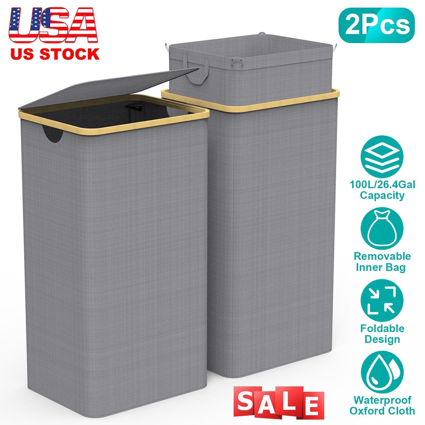 2-Pack Collapsible Laundry Hampers with Lid - 100L Capacity