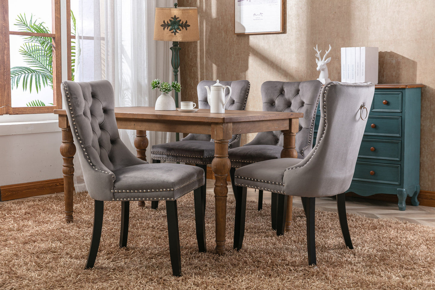 Modern high-end plush solid wood velvet cushioned dining chair with wooden leg nail head decoration, two piece set in gray - Korvel
