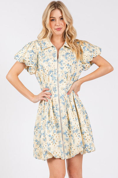 Elegant Summer Floral Eyelet Mini Dress with Puff Sleeves